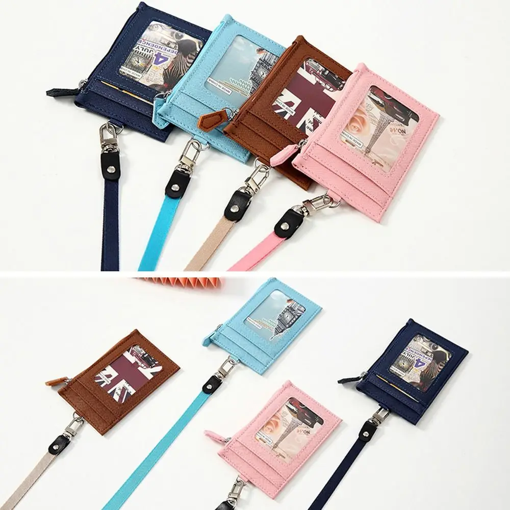 PU Leather Zipper Card Cover Bag ID Tag Bus Pass Card Cover Case Coin Purse Business Card Case with Neck Lanyard