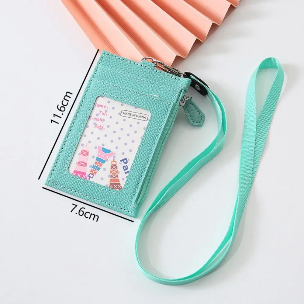 PU Leather Zipper Card Cover Bag ID Tag Bus Pass Card Cover Case Coin Purse Business Card Case with Neck Lanyard