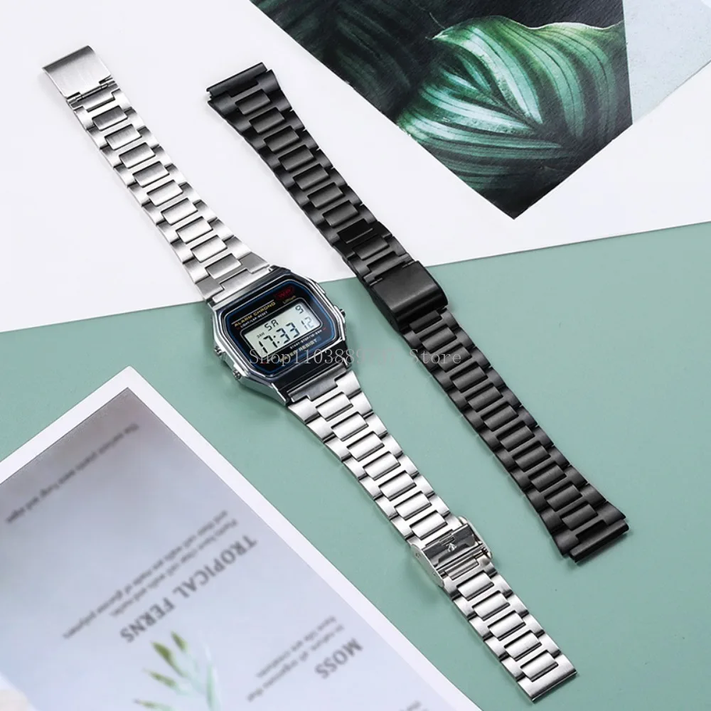for Casio Stainless Steel Strap 18mm Metal Watchband for A158/A159/AQ230/F91W/AE1200/AE1300/B650/AQ230 Square Bracelet Wristbelt