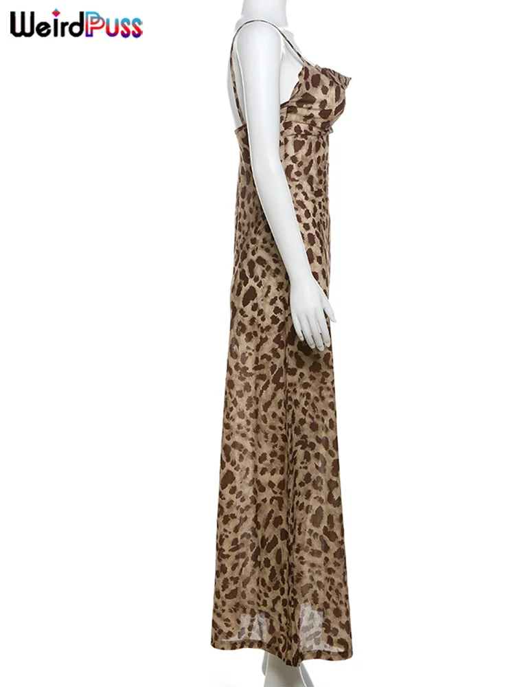 Weird Puss Leopard Print Dress Woman Summer Sexy Swing Collar Spaghetti Straps Backless Ruffles Party Clubwear Skinny Vestidos