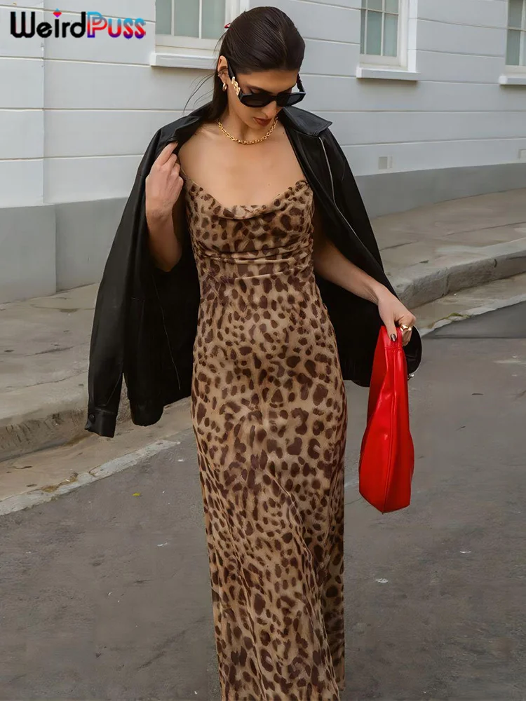 Weird Puss Leopard Print Dress Woman Summer Sexy Swing Collar Spaghetti Straps Backless Ruffles Party Clubwear Skinny Vestidos