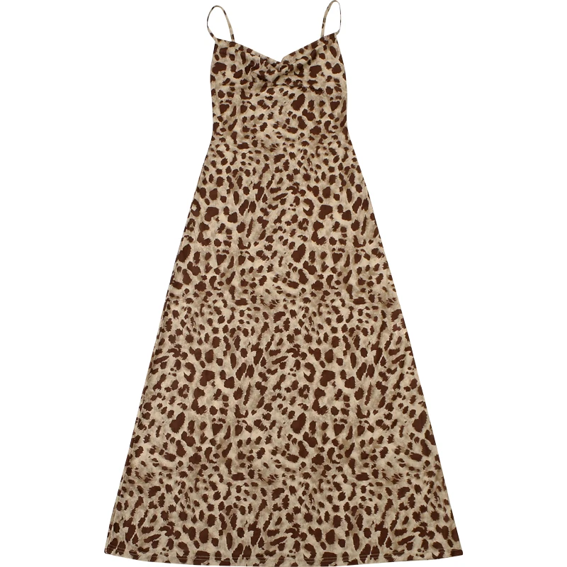 Weird Puss Leopard Print Dress Woman Summer Sexy Swing Collar Spaghetti Straps Backless Ruffles Party Clubwear Skinny Vestidos