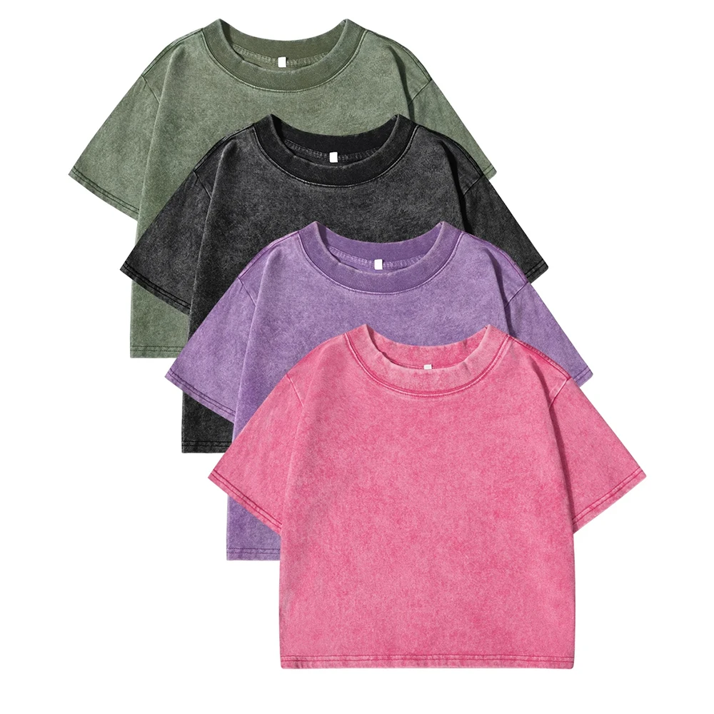 Solid Slim Washed T-Shirt Female Rhinestone Craft Cotton Streetwear Casual Sport Short Sleeve Cool Retro Crop Clothing For Women