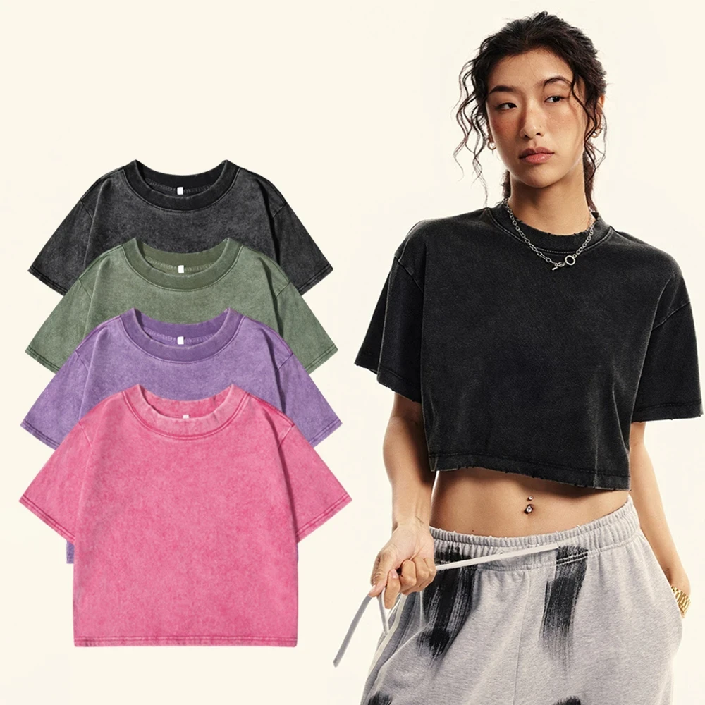 Solid Slim Washed T-Shirt Female Rhinestone Craft Cotton Streetwear Casual Sport Short Sleeve Cool Retro Crop Clothing For Women