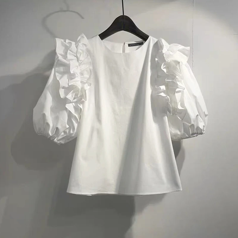 ZANZEA Women Summer Chic Blouse Korean Fashion Puff Short Sleeve Tops Vintage Ruffle Patchwork Tunic Casual Round Neck Loose Top