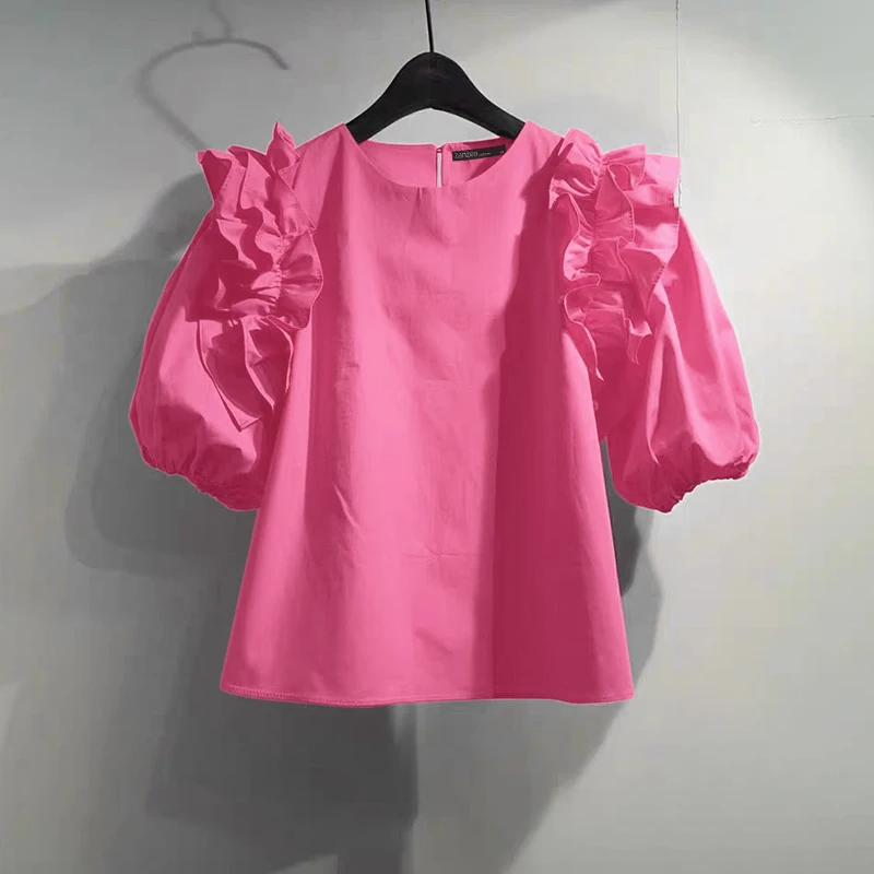 ZANZEA Women Summer Chic Blouse Korean Fashion Puff Short Sleeve Tops Vintage Ruffle Patchwork Tunic Casual Round Neck Loose Top