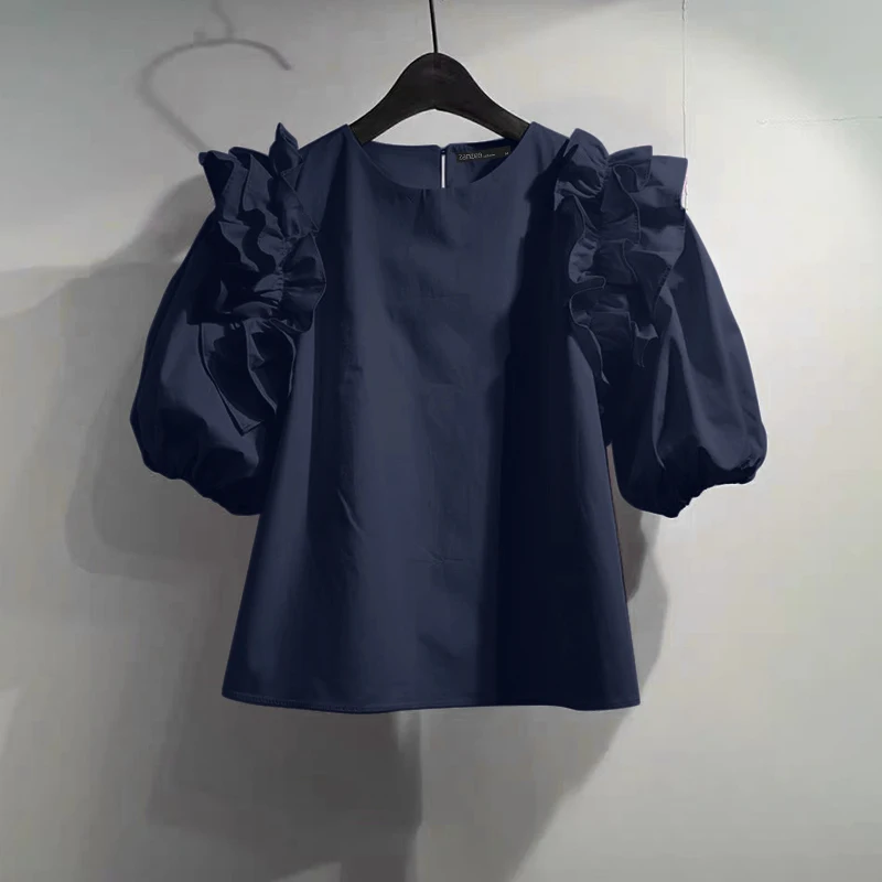 ZANZEA Women Summer Chic Blouse Korean Fashion Puff Short Sleeve Tops Vintage Ruffle Patchwork Tunic Casual Round Neck Loose Top