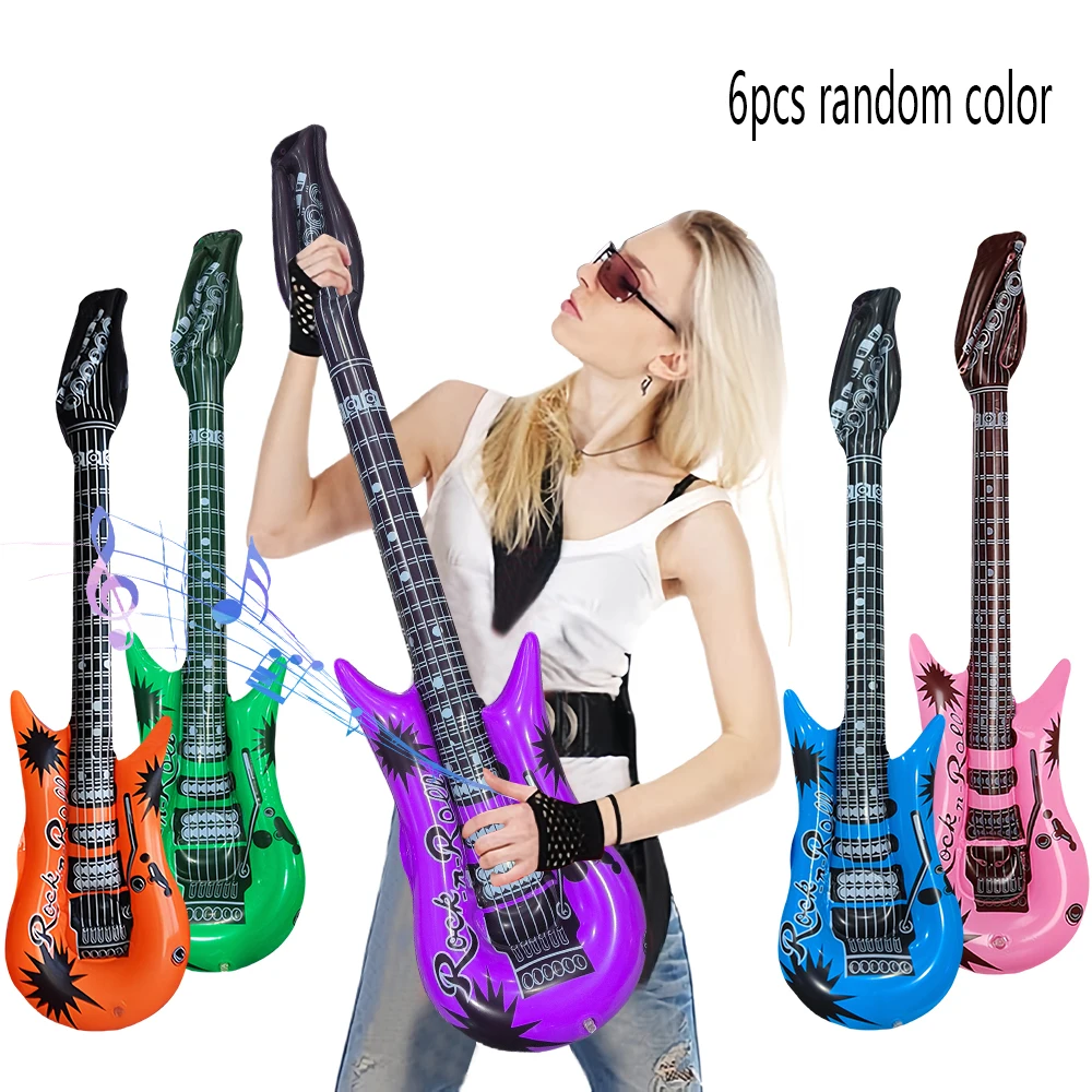 6Pcs Random Pvc Inflatable Toys 95cm Guitar Performance Stage Inflatable Instruments Thickened Reusable Rock Guitar Balloons