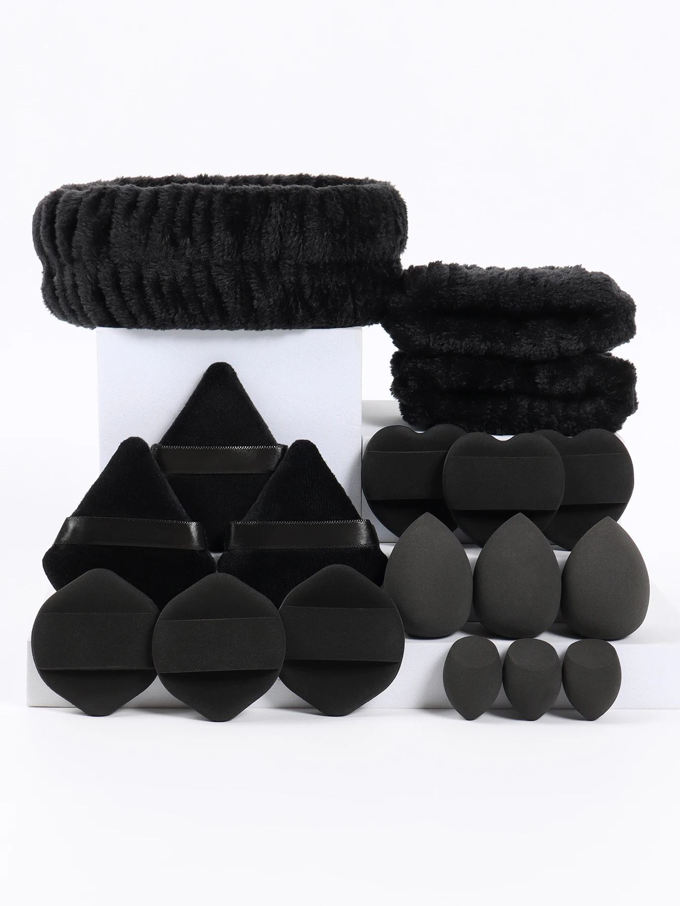 18 Piece Headband Set. 1 Hair Band & 2 Wrist Bands & 3 Make-Up Sponges & 3 Mini Square Air Cushions & 3 Triangular Powder Puff &