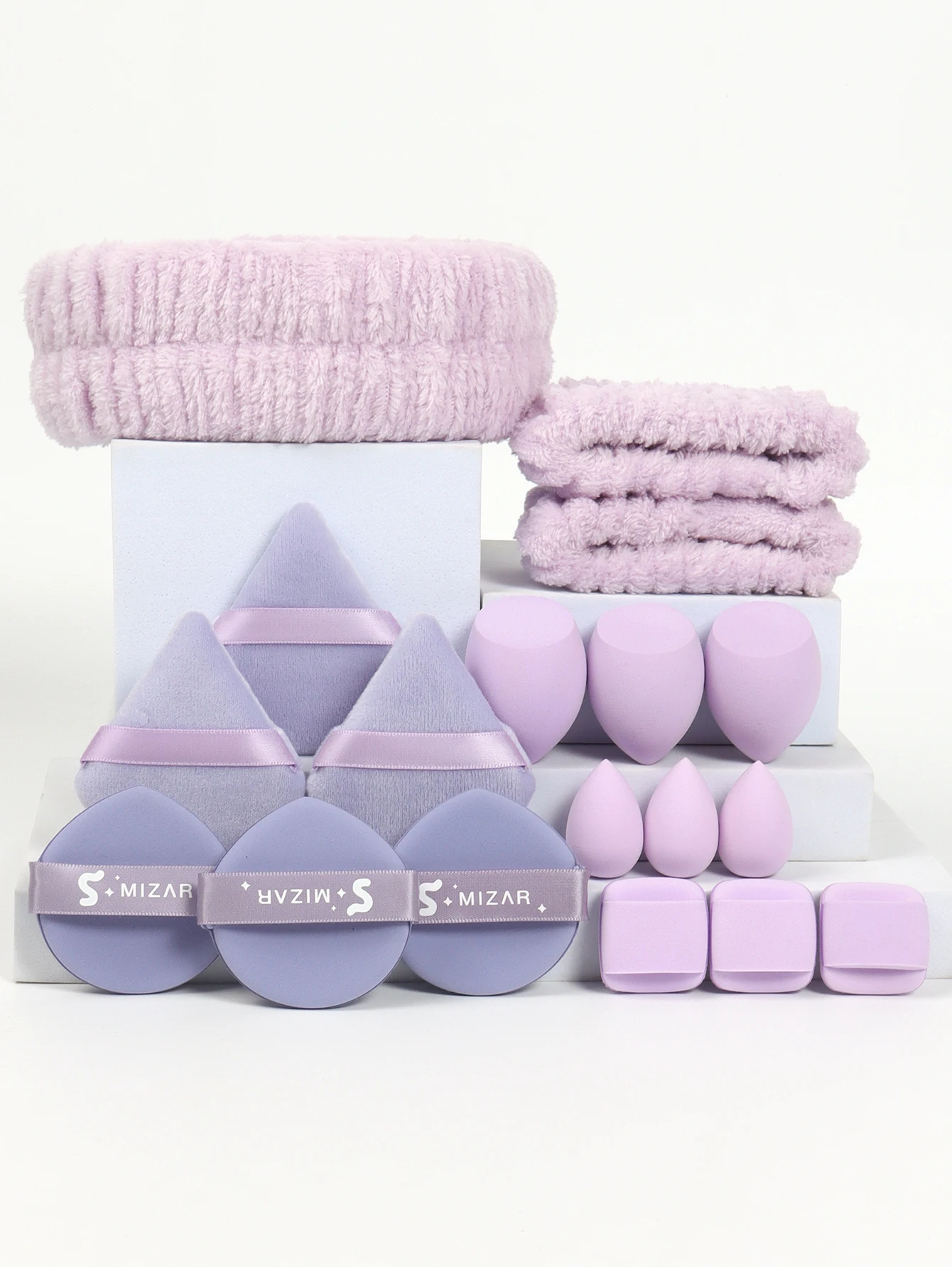 18 Piece Headband Set. 1 Hair Band & 2 Wrist Bands & 3 Make-Up Sponges & 3 Mini Square Air Cushions & 3 Triangular Powder Puff &