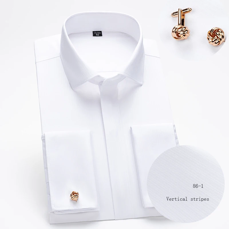 Men's French Cufflink Shirt with Long Sleeves Slim Fit Concealed Buttons Solid Color High End Wedding Dress Formal Men's