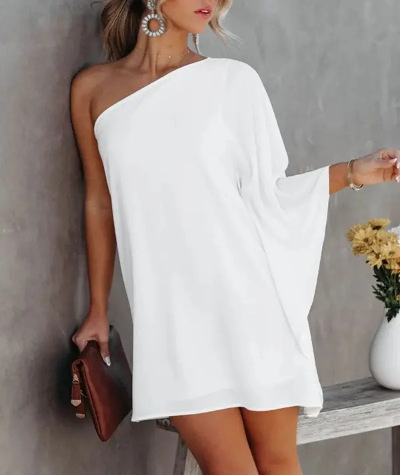Summer Commuter Women's S-2XL Size Dress One Line Diagonal Neck Off Shoulder Solid Color and Printed Metal Strap Bat Sleeve