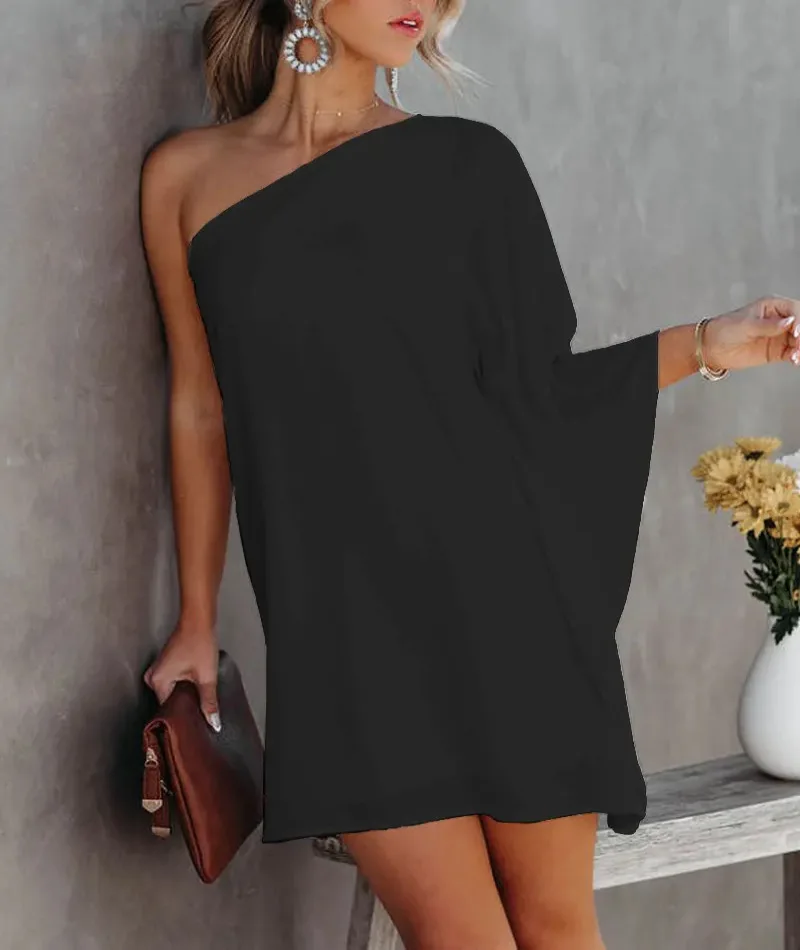 Summer Commuter Women's S-2XL Size Dress One Line Diagonal Neck Off Shoulder Solid Color and Printed Metal Strap Bat Sleeve