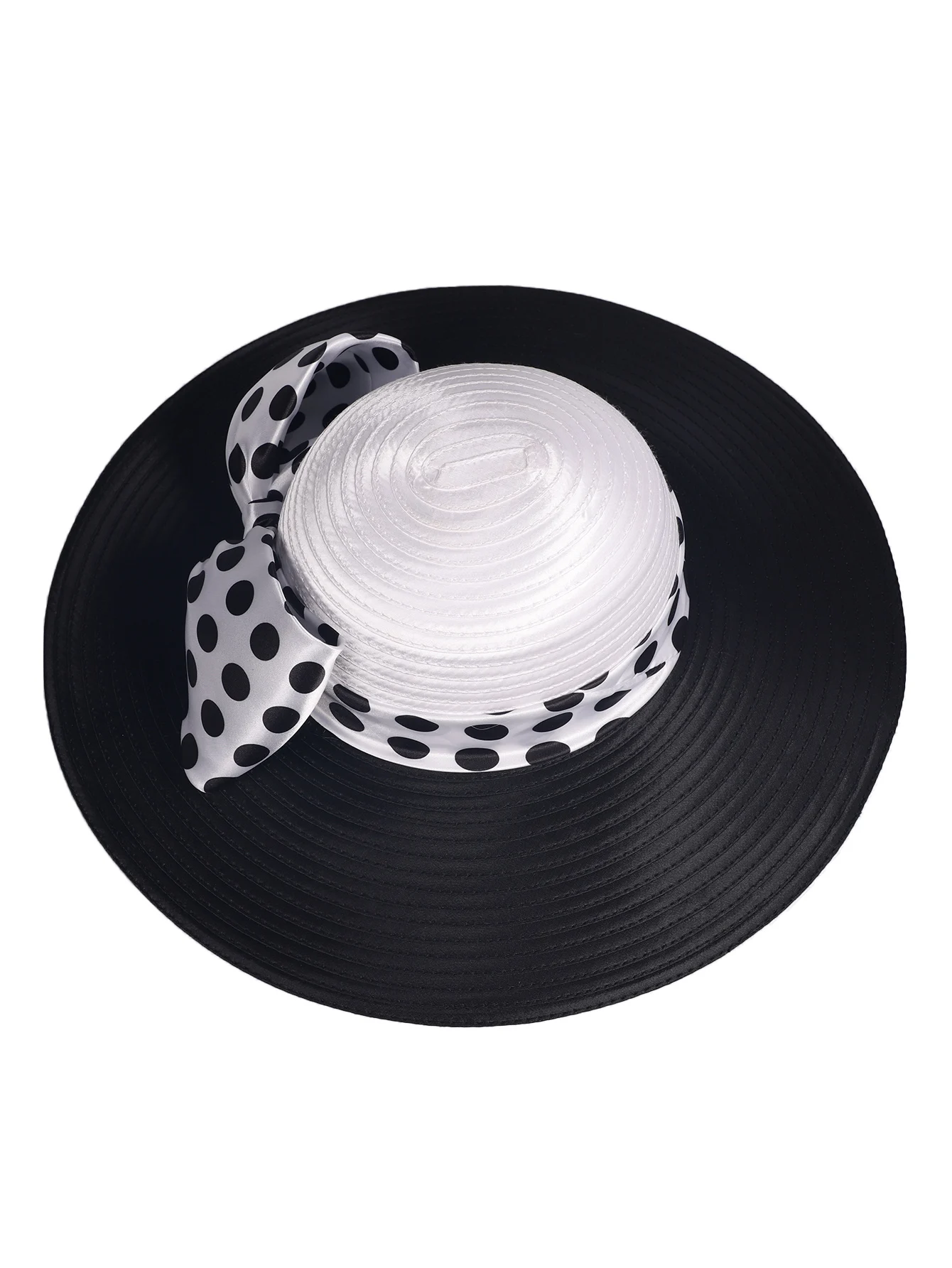 FS Elegant Women Wide Brim Rose Black Patchwork Polka Dots Kentucky Hat For Wedding Party Hat Big Bowknot Fedora Beach Cap
