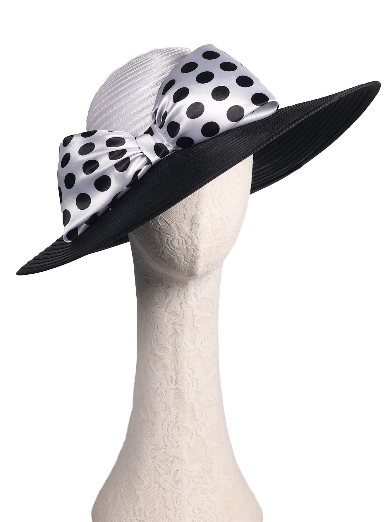 FS Elegant Women Wide Brim Rose Black Patchwork Polka Dots Kentucky Hat For Wedding Party Hat Big Bowknot Fedora Beach Cap
