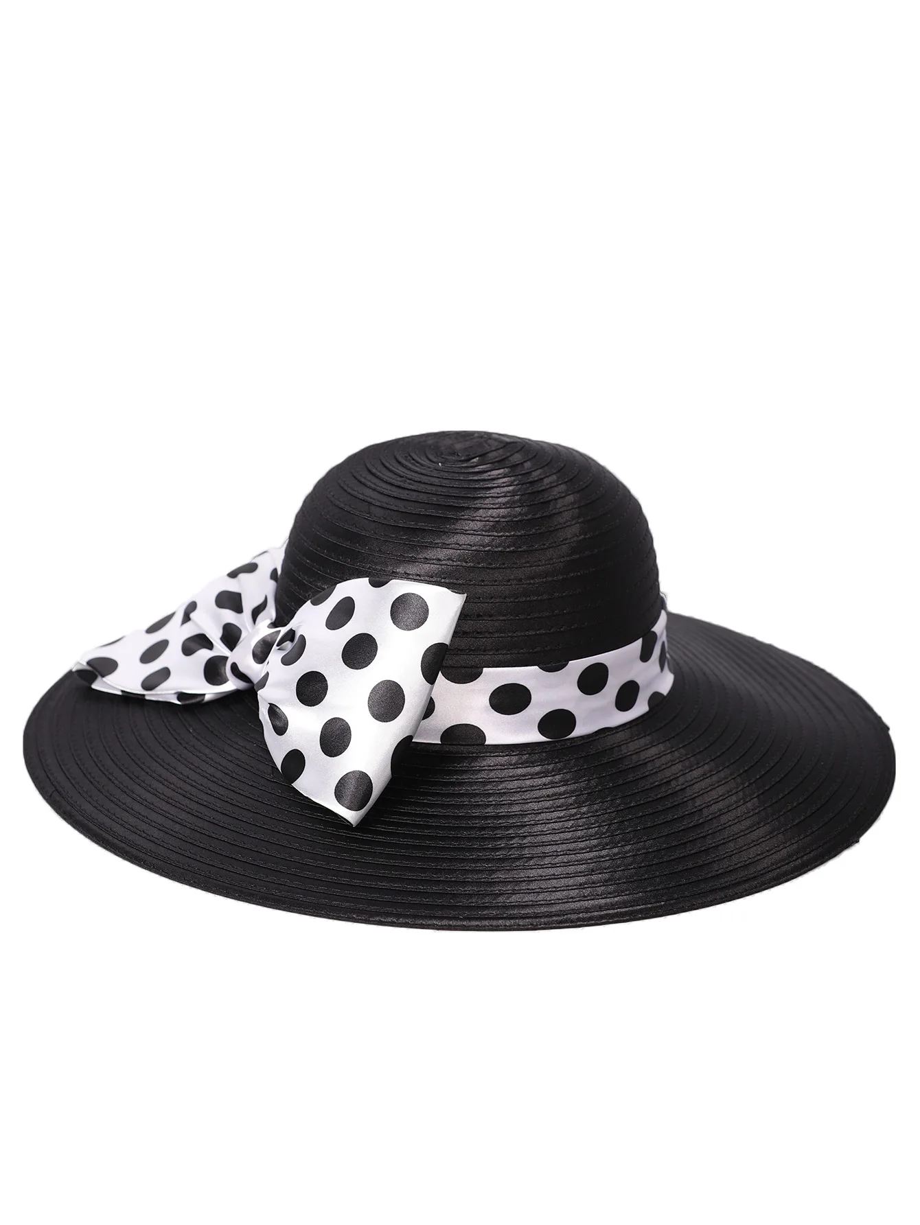FS Elegant Women Wide Brim Rose Black Patchwork Polka Dots Kentucky Hat For Wedding Party Hat Big Bowknot Fedora Beach Cap