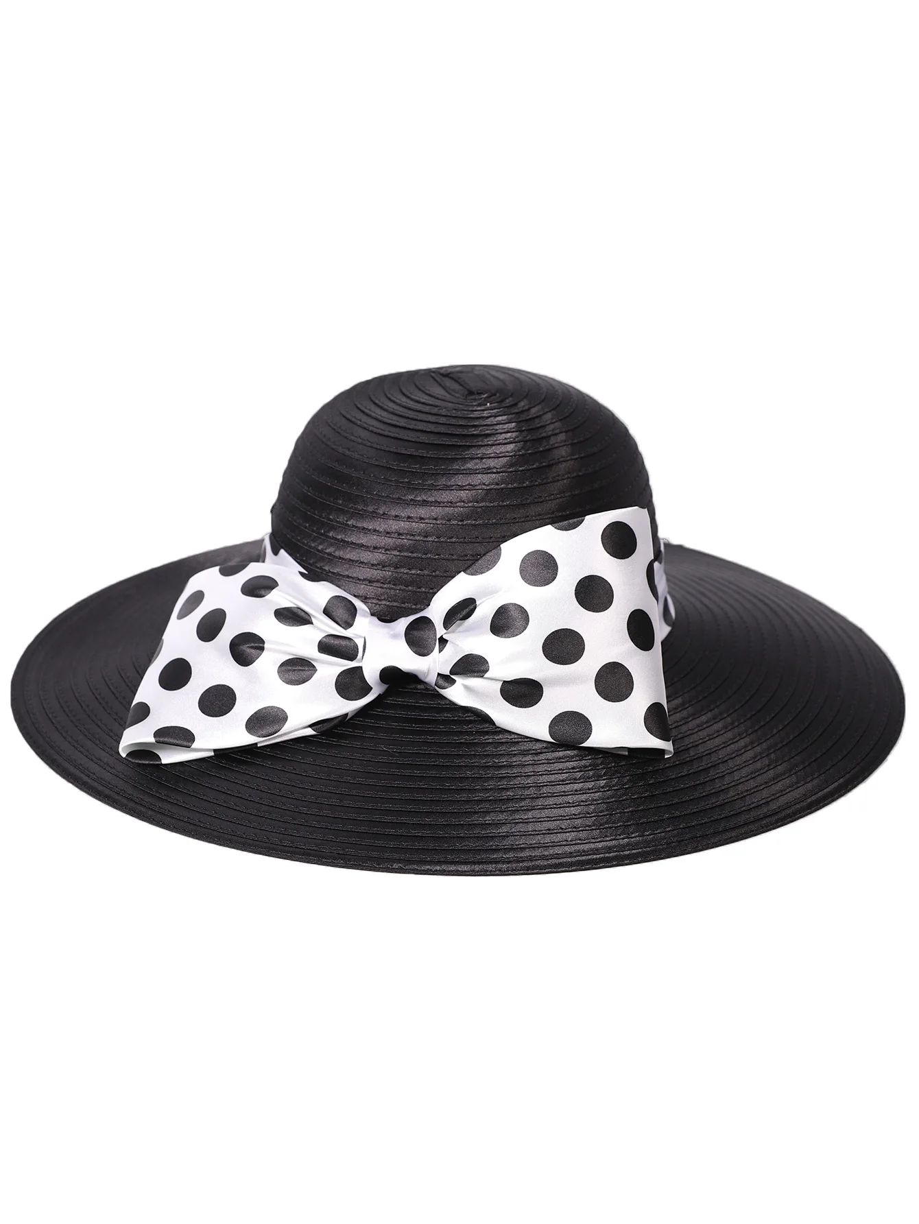 FS Elegant Women Wide Brim Rose Black Patchwork Polka Dots Kentucky Hat For Wedding Party Hat Big Bowknot Fedora Beach Cap