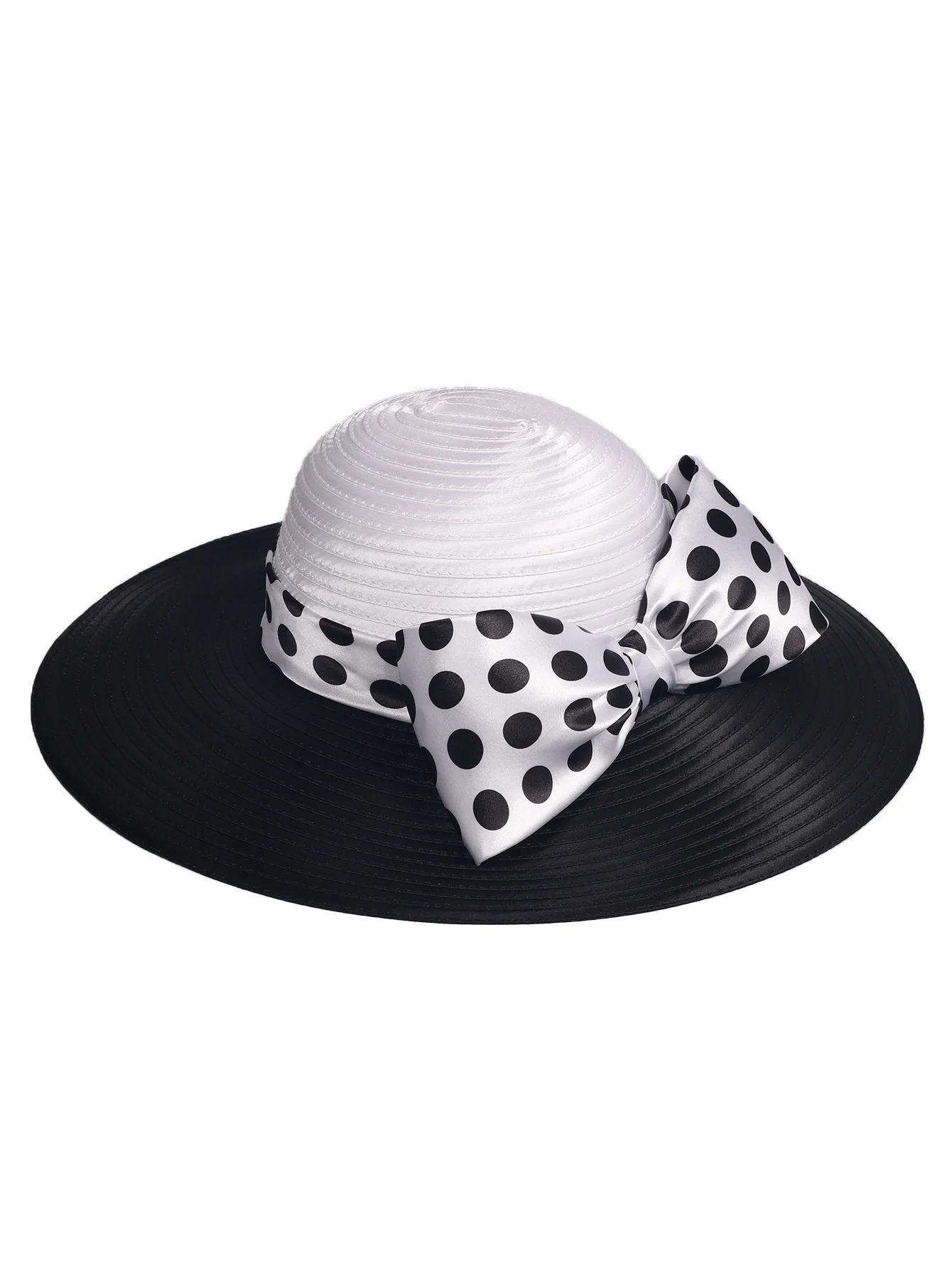 FS Elegant Women Wide Brim Rose Black Patchwork Polka Dots Kentucky Hat For Wedding Party Hat Big Bowknot Fedora Beach Cap