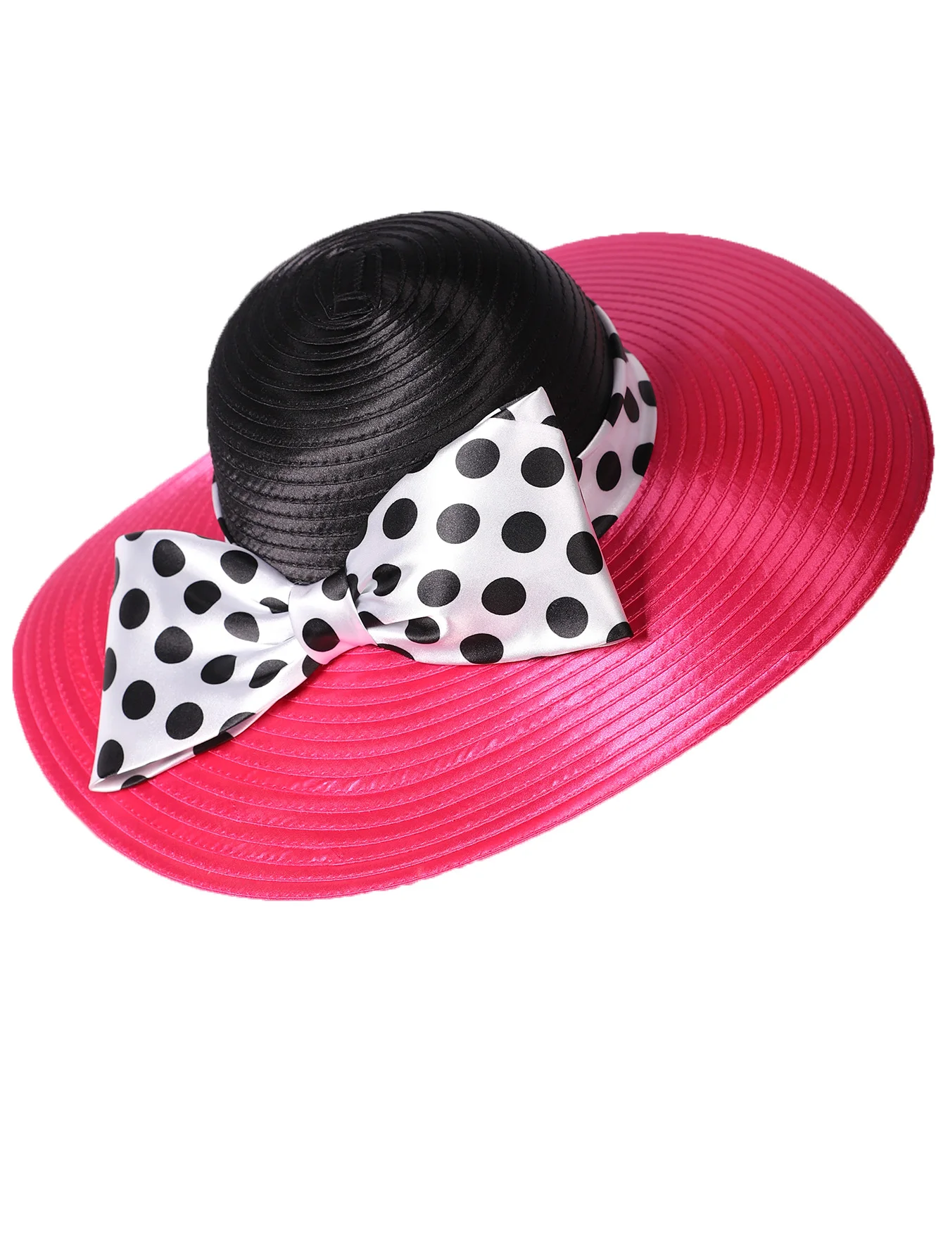 FS Elegant Women Wide Brim Rose Black Patchwork Polka Dots Kentucky Hat For Wedding Party Hat Big Bowknot Fedora Beach Cap