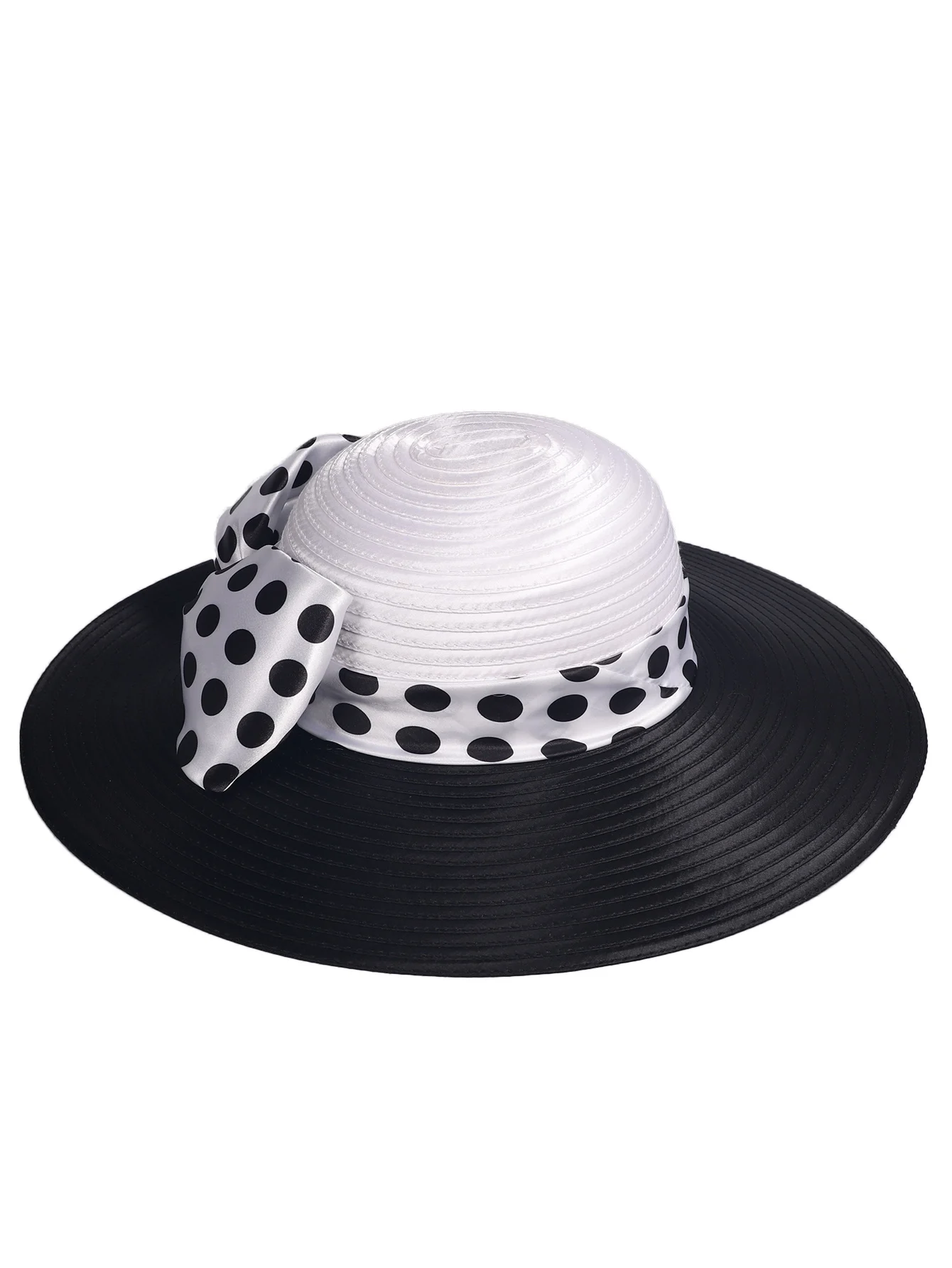 FS Elegant Women Wide Brim Rose Black Patchwork Polka Dots Kentucky Hat For Wedding Party Hat Big Bowknot Fedora Beach Cap