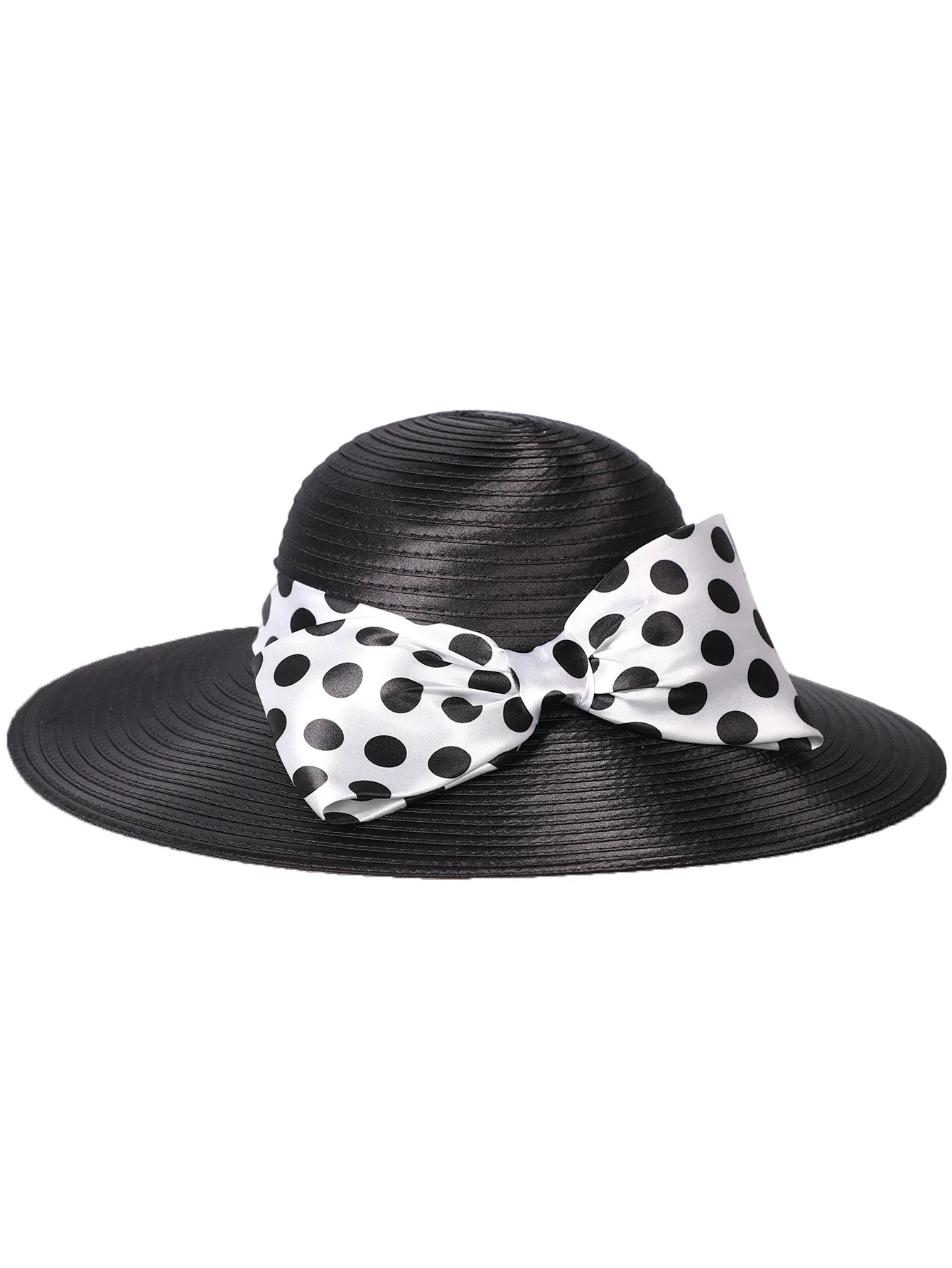 FS Elegant Women Wide Brim Rose Black Patchwork Polka Dots Kentucky Hat For Wedding Party Hat Big Bowknot Fedora Beach Cap