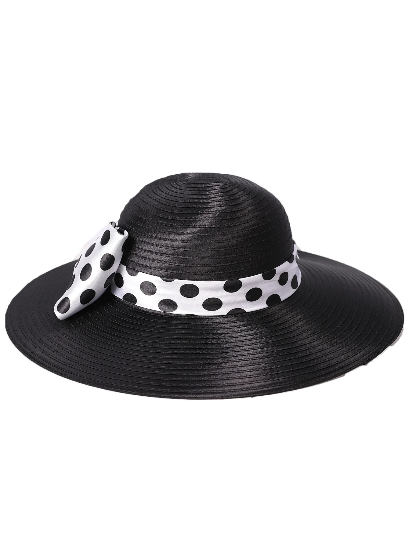FS Elegant Women Wide Brim Rose Black Patchwork Polka Dots Kentucky Hat For Wedding Party Hat Big Bowknot Fedora Beach Cap