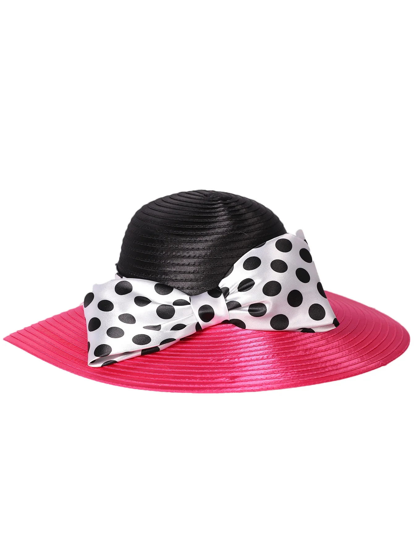 FS Elegant Women Wide Brim Rose Black Patchwork Polka Dots Kentucky Hat For Wedding Party Hat Big Bowknot Fedora Beach Cap