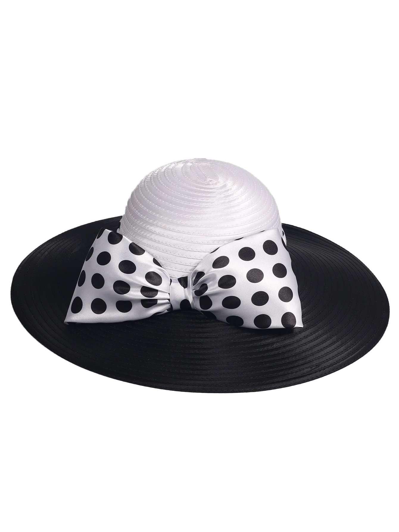 FS Elegant Women Wide Brim Rose Black Patchwork Polka Dots Kentucky Hat For Wedding Party Hat Big Bowknot Fedora Beach Cap