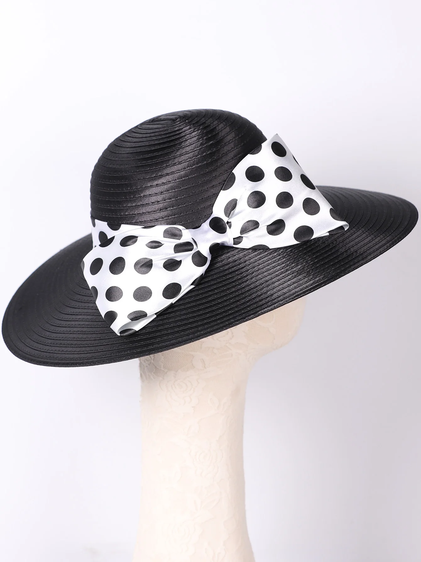 FS Elegant Women Wide Brim Rose Black Patchwork Polka Dots Kentucky Hat For Wedding Party Hat Big Bowknot Fedora Beach Cap