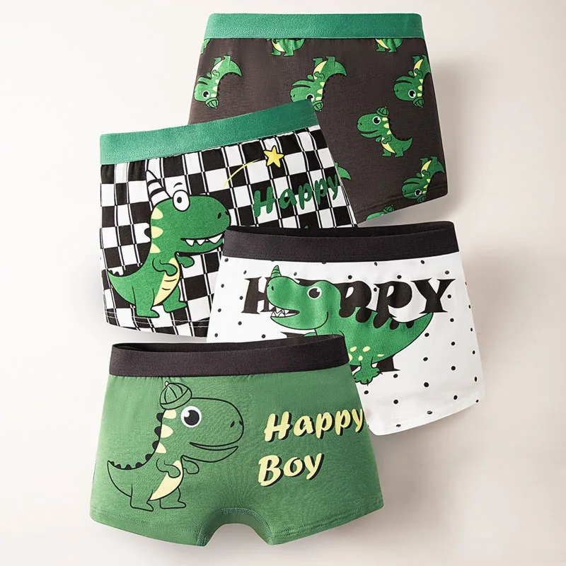 4-Pack Boy Boxer Brief High Quality Cotton Breathable Children Boxers Dinosaur Plaid Car Patterns Kids Underwear Age 3-14Years