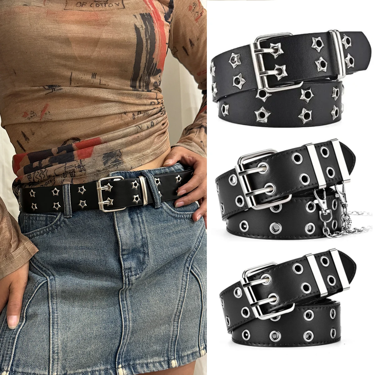 Women's Belt Large size Double Hole Men Belt Punk Hip Hop Rock Style Subculture Y2K Belt Punch Free Belt for Men and Women