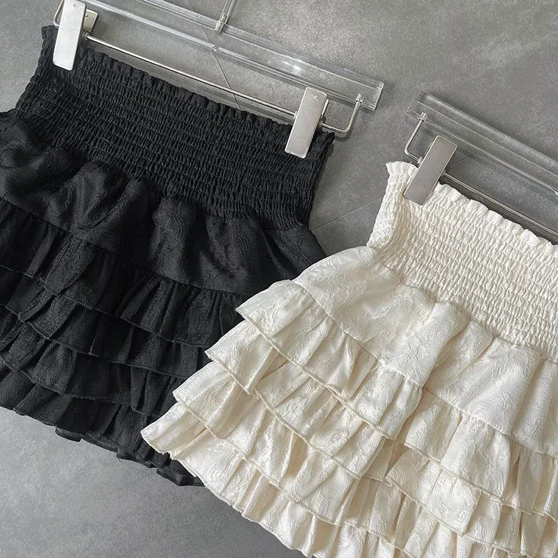 Streetwear Ruffles Mini Skirts Women Sweet Kawaii High Waist Lace A Line Skirt Summer Korean Fashion Black Ball Gown Skirts