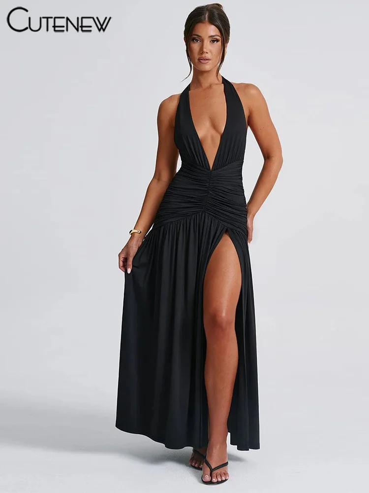 Nibber Elegant Women Long Dresses Solid Hipster Halter V-neck Backless Shirring Side Split Vestidos Female High Street New Robe