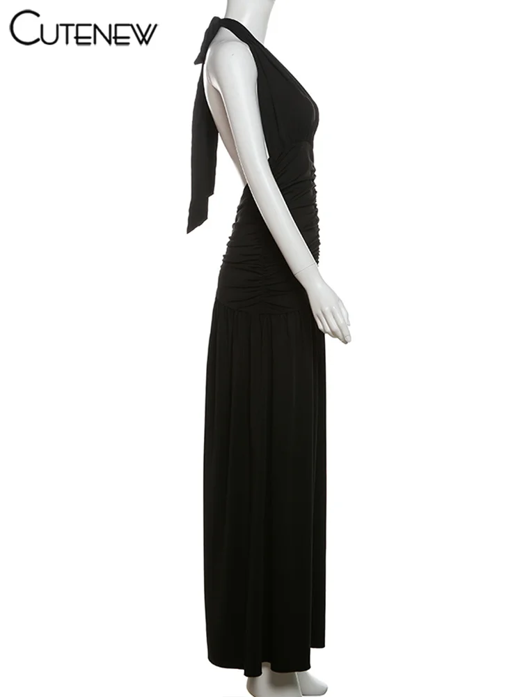 Nibber Elegant Women Long Dresses Solid Hipster Halter V-neck Backless Shirring Side Split Vestidos Female High Street New Robe