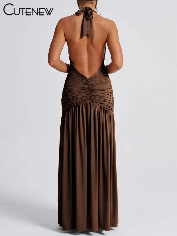 Nibber Elegant Women Long Dresses Solid Hipster Halter V-neck Backless Shirring Side Split Vestidos Female High Street New Robe