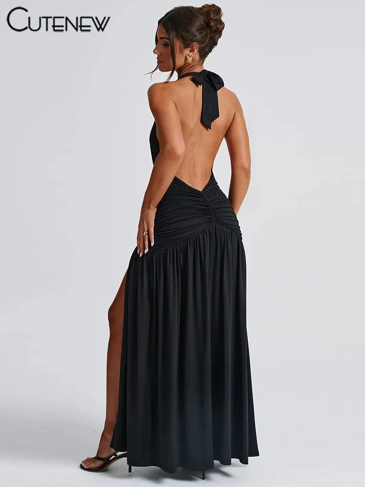 Nibber Elegant Women Long Dresses Solid Hipster Halter V-neck Backless Shirring Side Split Vestidos Female High Street New Robe