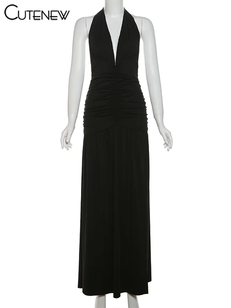 Nibber Elegant Women Long Dresses Solid Hipster Halter V-neck Backless Shirring Side Split Vestidos Female High Street New Robe