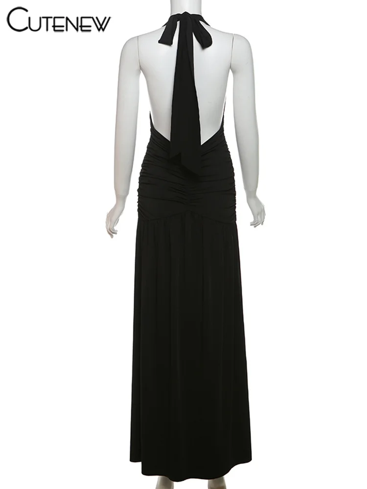 Nibber Elegant Women Long Dresses Solid Hipster Halter V-neck Backless Shirring Side Split Vestidos Female High Street New Robe