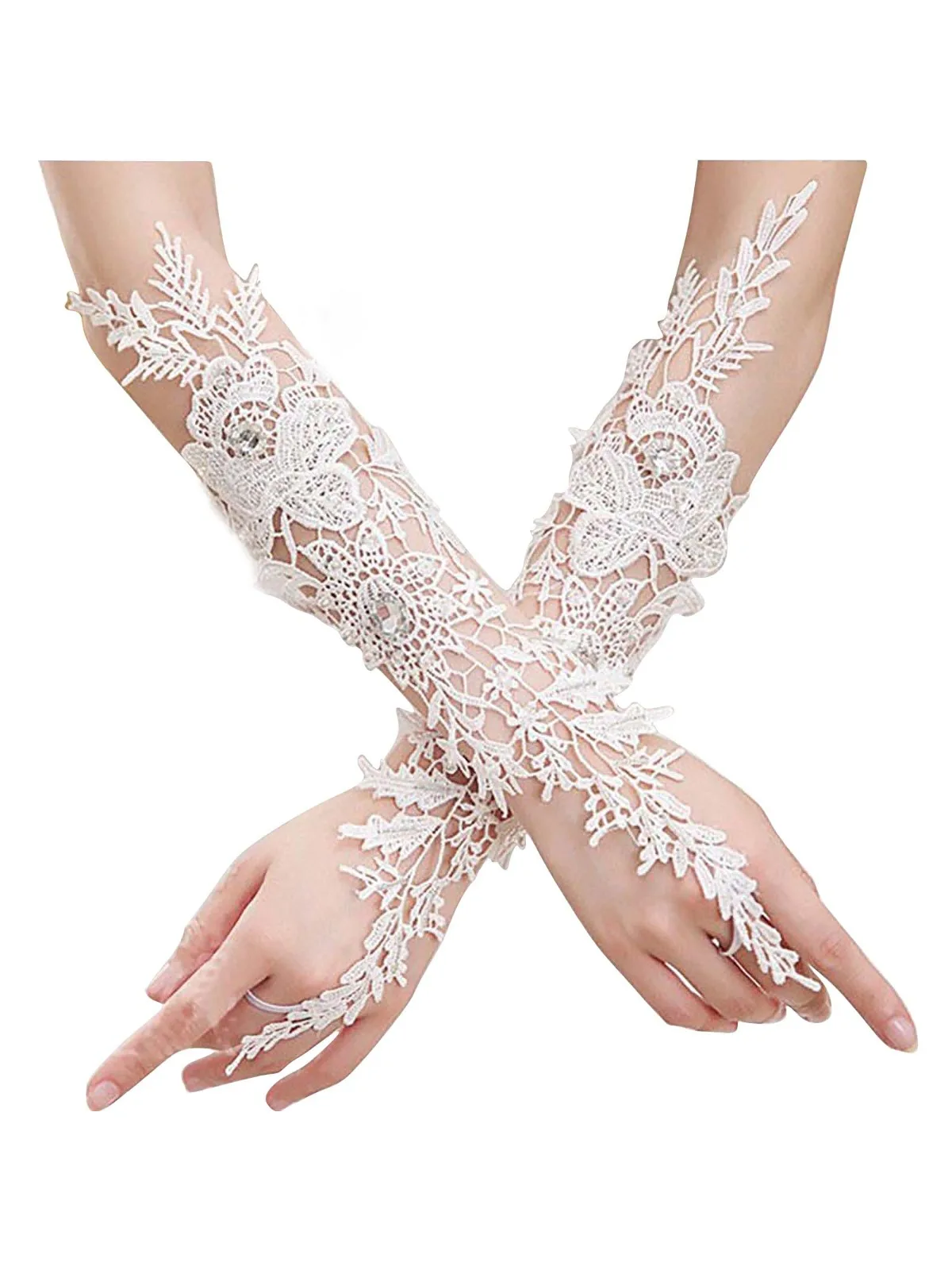 Lace Crystal Women’s Wedding Gloves Fingerless Elbow Bridal Floral Ivory Long Accessory for Bride