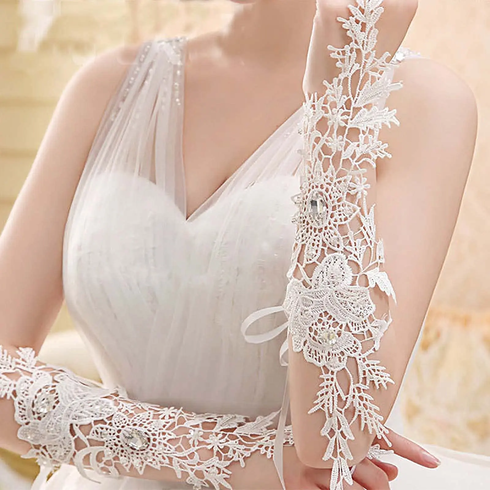 Lace Crystal Women’s Wedding Gloves Fingerless Elbow Bridal Floral Ivory Long Accessory for Bride