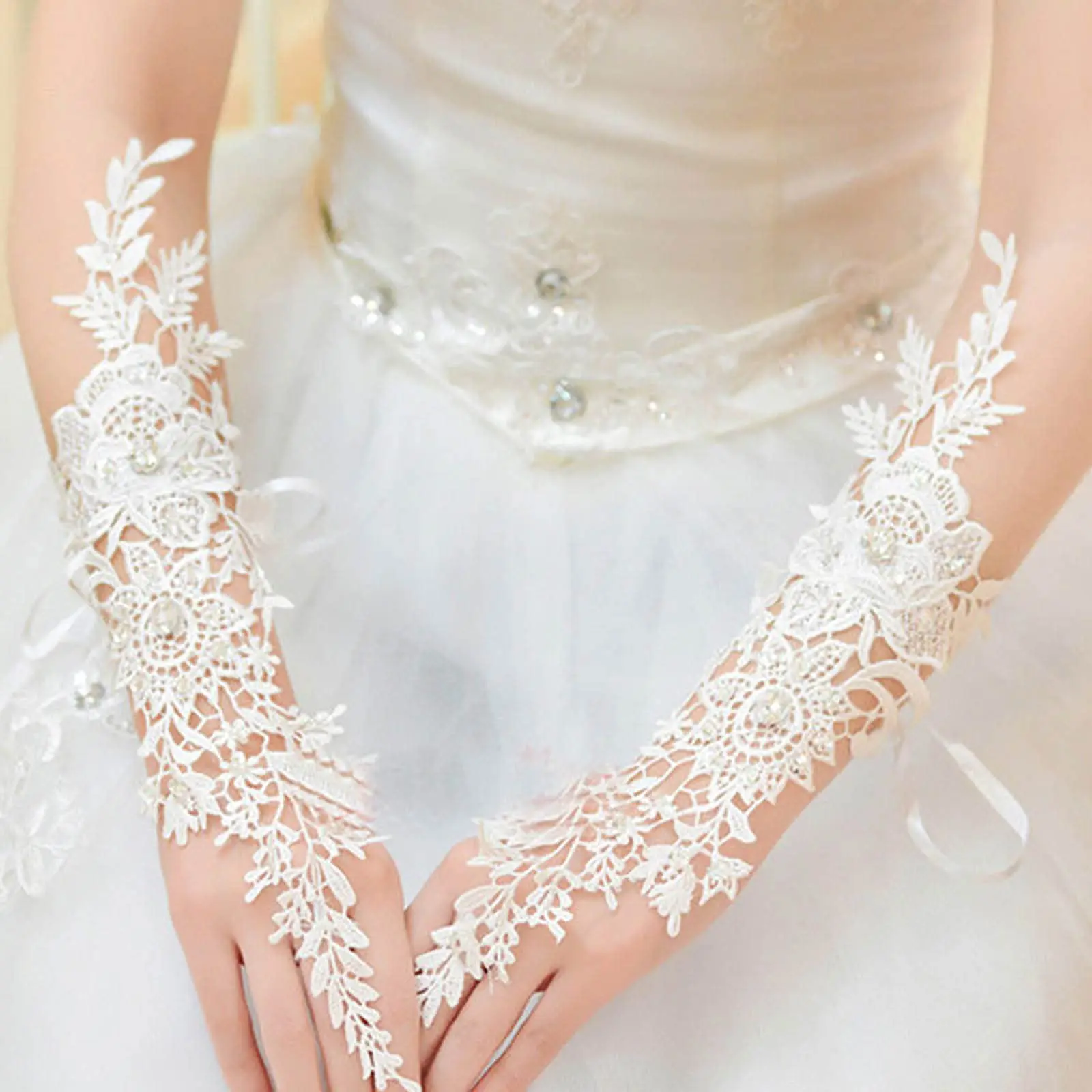 Lace Crystal Women’s Wedding Gloves Fingerless Elbow Bridal Floral Ivory Long Accessory for Bride