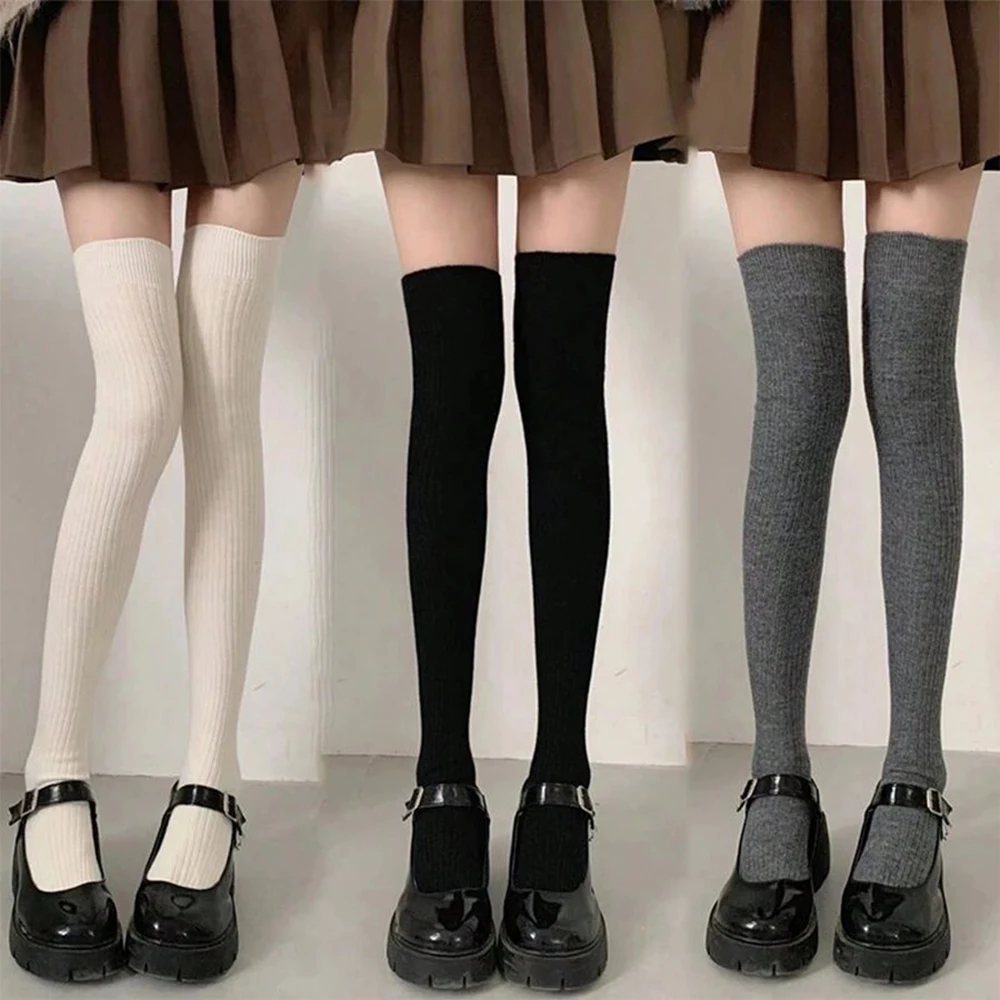 1/3/6 Pairs Women Classic Striped Knee High Stockings Fashionable Versatile Black White Gray Solid Color Comfortable Stockings ﻿