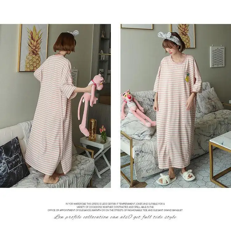 Summer Pajama Dress Female Short-Sleeved Cartoon Homewear Lengthened Plus Size Striped Student Pajamas Easy To Wash Long Clothes