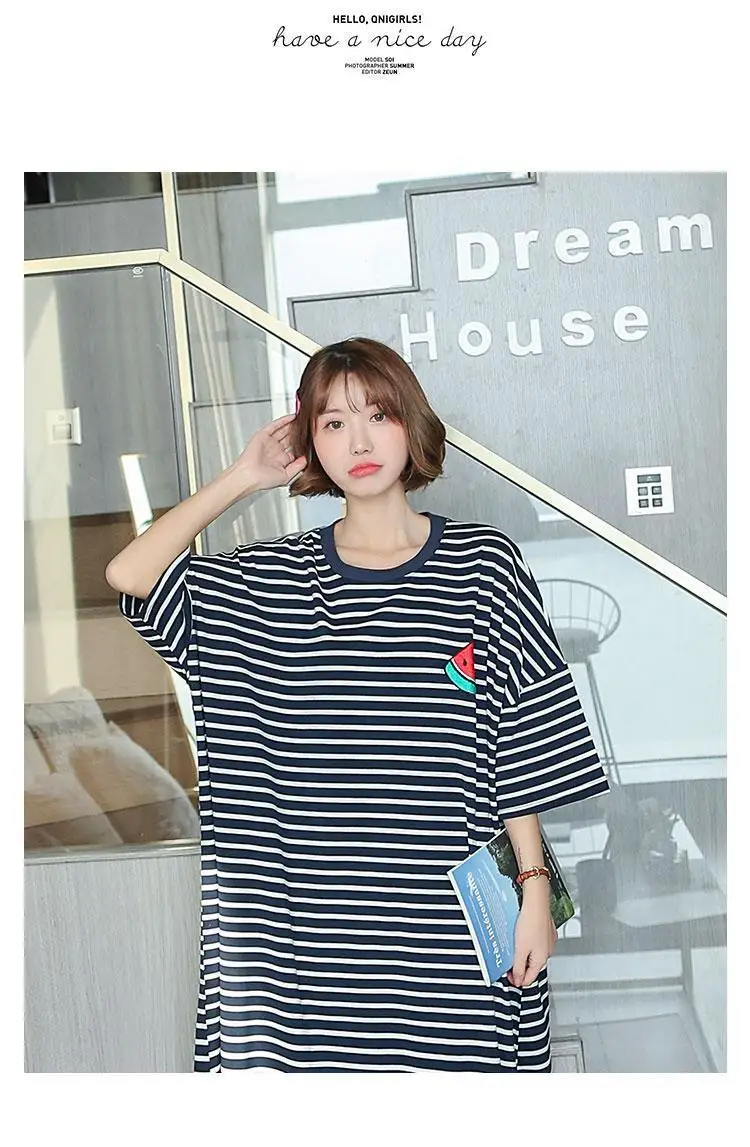 Summer Pajama Dress Female Short-Sleeved Cartoon Homewear Lengthened Plus Size Striped Student Pajamas Easy To Wash Long Clothes