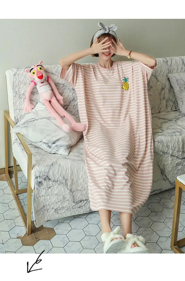 Summer Pajama Dress Female Short-Sleeved Cartoon Homewear Lengthened Plus Size Striped Student Pajamas Easy To Wash Long Clothes