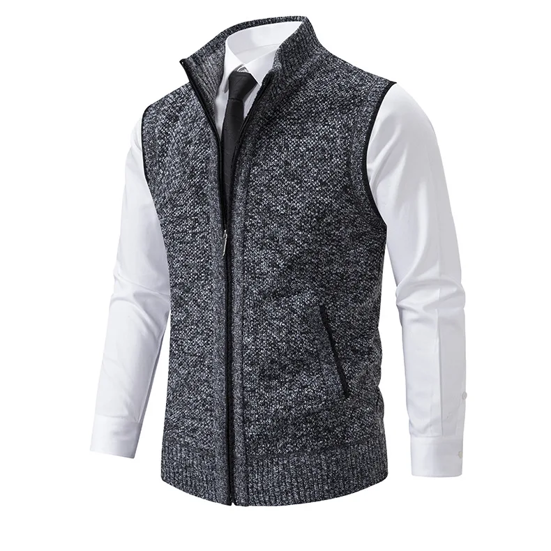 Men's Knitted Sleeveless Sweater Cardigan Zipper Sweater Vest Casual Sleeveless Warm Jacket Slim Fit Stand Collar Sweatercoat