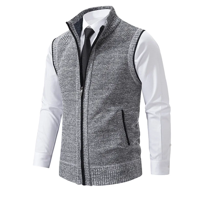 Men's Knitted Sleeveless Sweater Cardigan Zipper Sweater Vest Casual Sleeveless Warm Jacket Slim Fit Stand Collar Sweatercoat