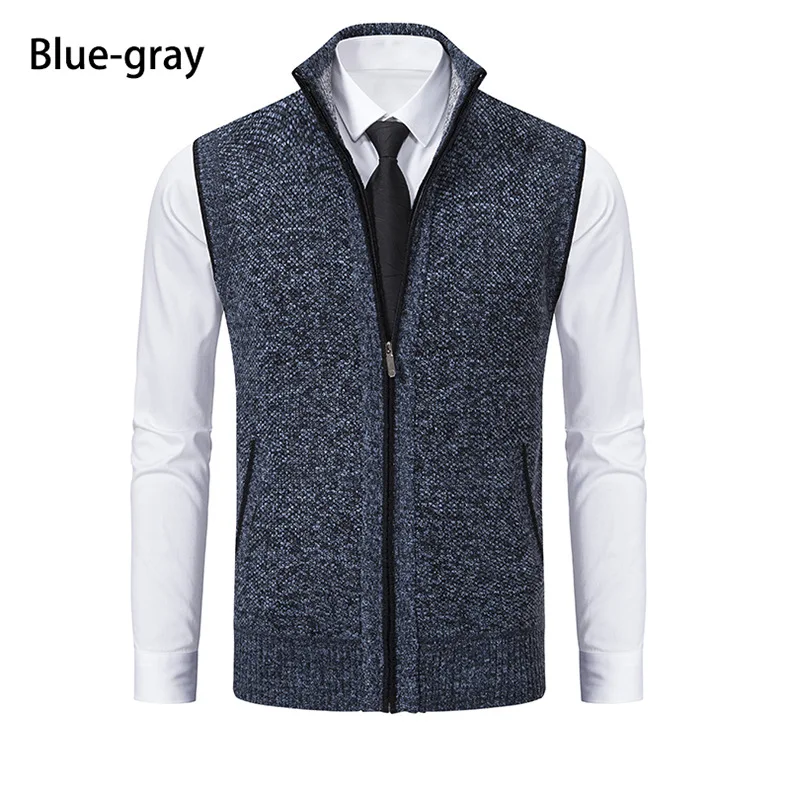 Men's Knitted Sleeveless Sweater Cardigan Zipper Sweater Vest Casual Sleeveless Warm Jacket Slim Fit Stand Collar Sweatercoat