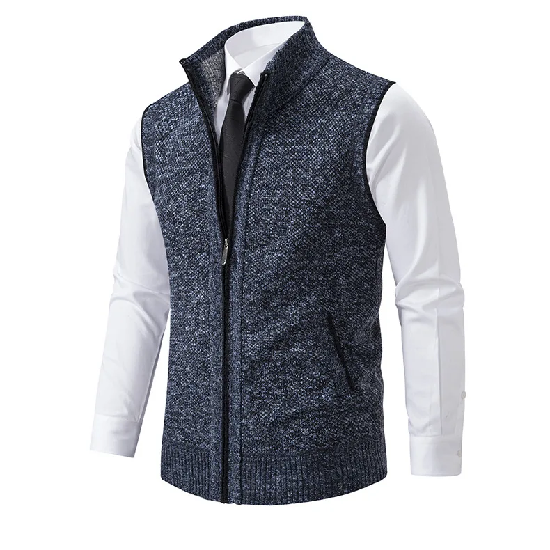 Men's Knitted Sleeveless Sweater Cardigan Zipper Sweater Vest Casual Sleeveless Warm Jacket Slim Fit Stand Collar Sweatercoat