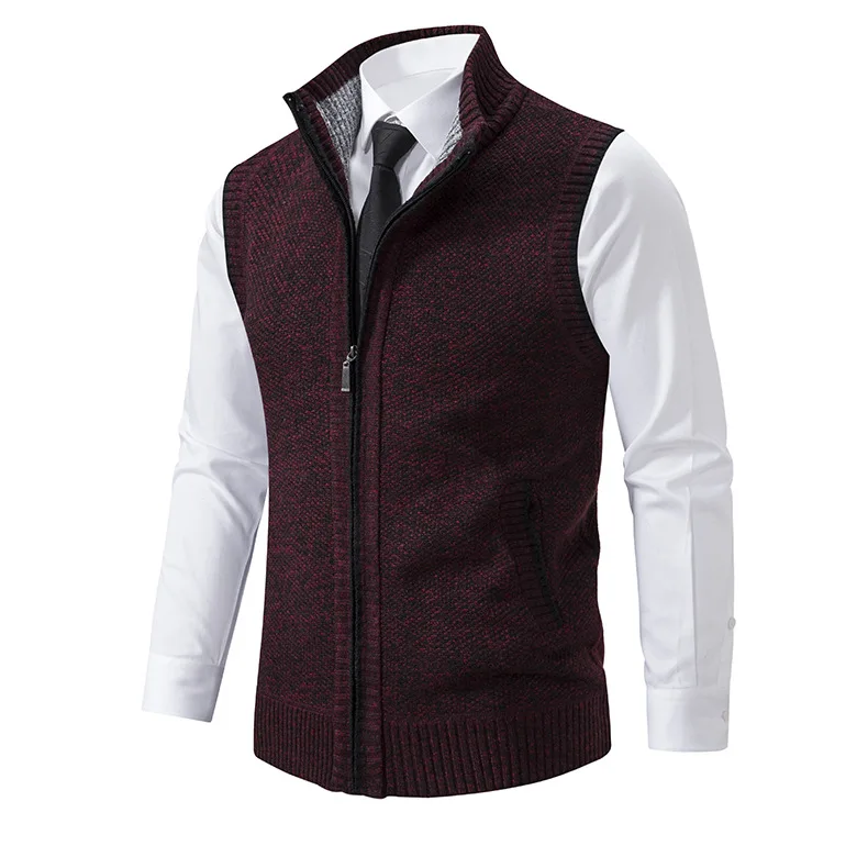 Men's Knitted Sleeveless Sweater Cardigan Zipper Sweater Vest Casual Sleeveless Warm Jacket Slim Fit Stand Collar Sweatercoat
